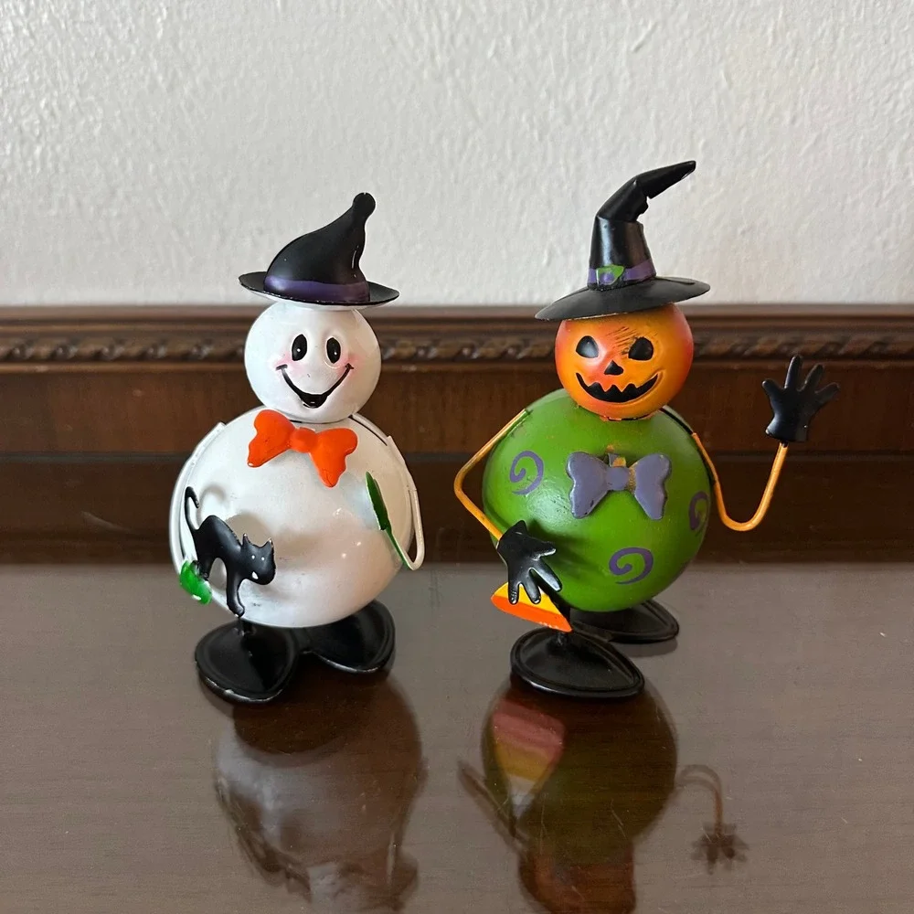 2‎ Halloween Metal Ghost and Pumpkin Figurine Set Spring Tabletop Decor 5 Inch